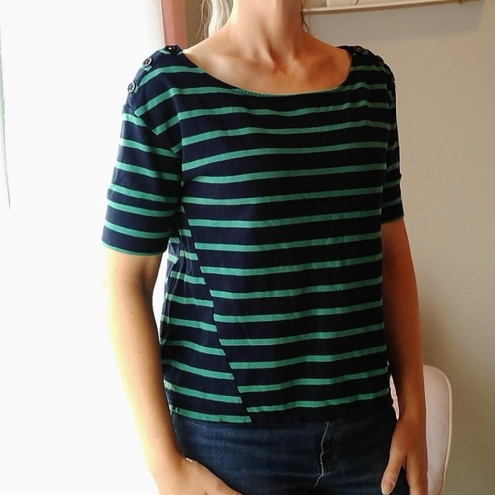Anthropologie Top Pilcro‎ Green Striped Small Crop Shirt Maeve Madewell jcrew